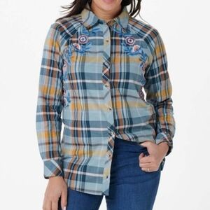 Tolani Collection Aqua & Gold Plaid Top Floral-Embroidered Button-Up Large